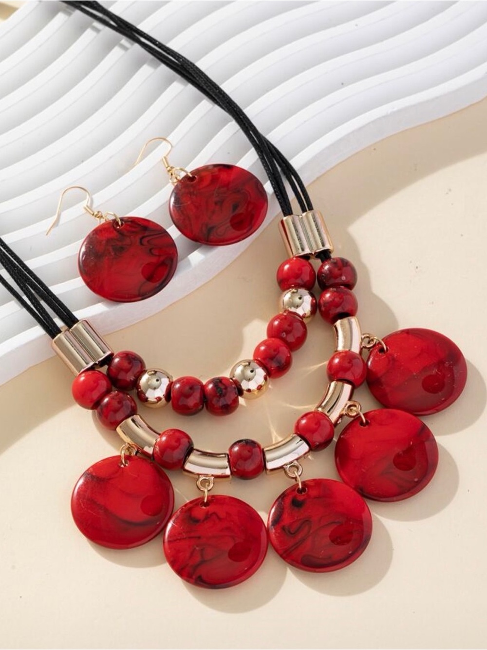 Red Statement Beaded Necklace & Earring Set - Unbranded